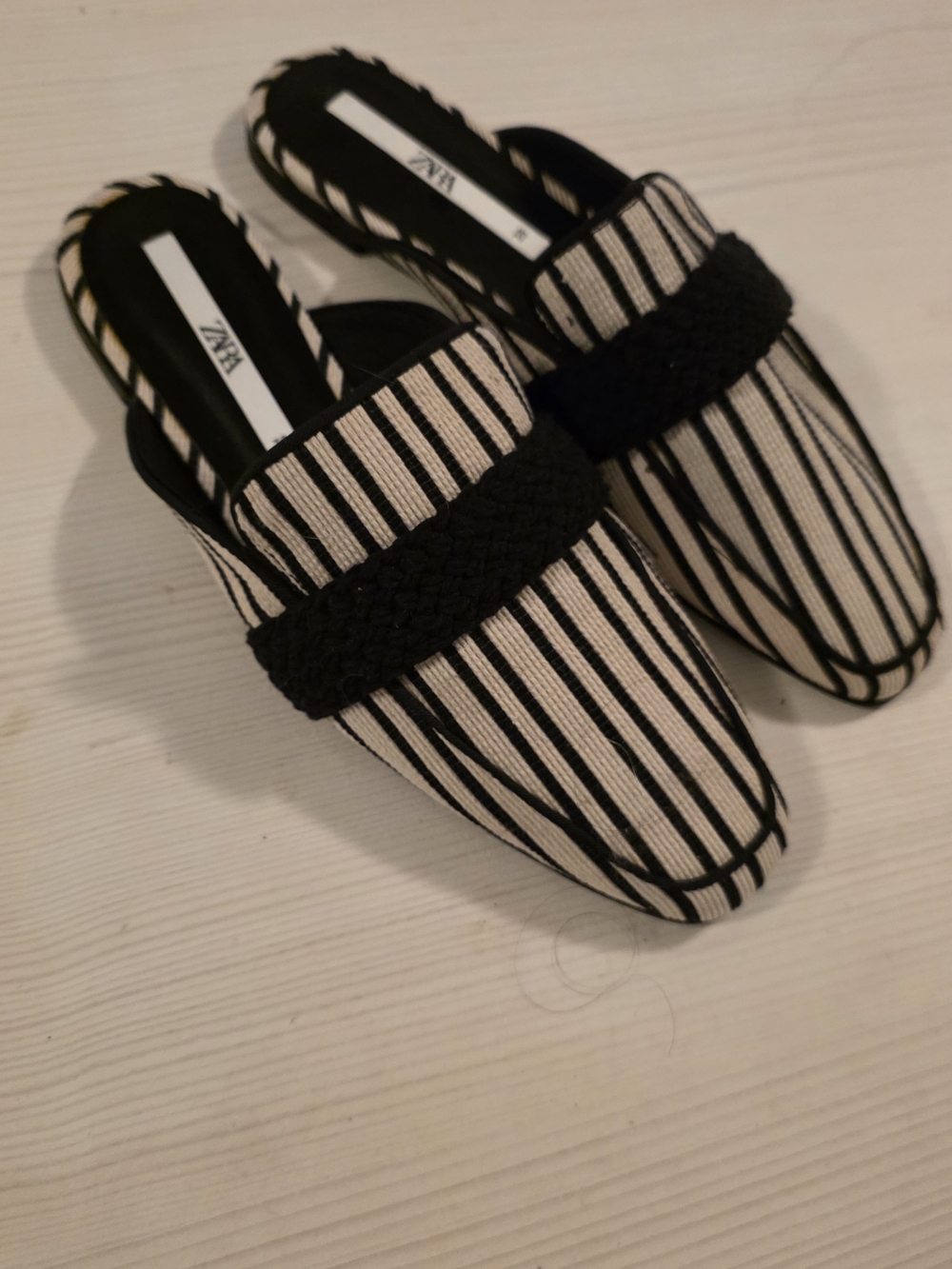 Zara Black and Cream Striped Slip-On Mules Size 38 / 7.5